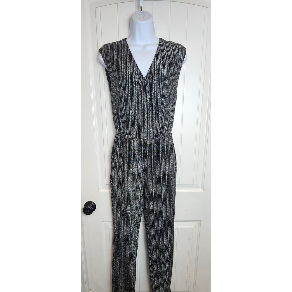 Apt. 9 Womens XS Metallic Silver Black Striped V-Neck Sleeveless Jumpsuit Party